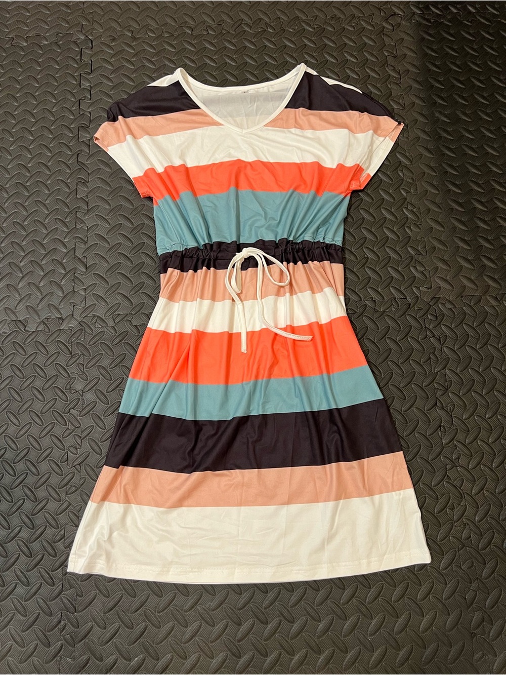 Striped V-Neck Tie-Waist Summer Dress — Coral, Teal & Black